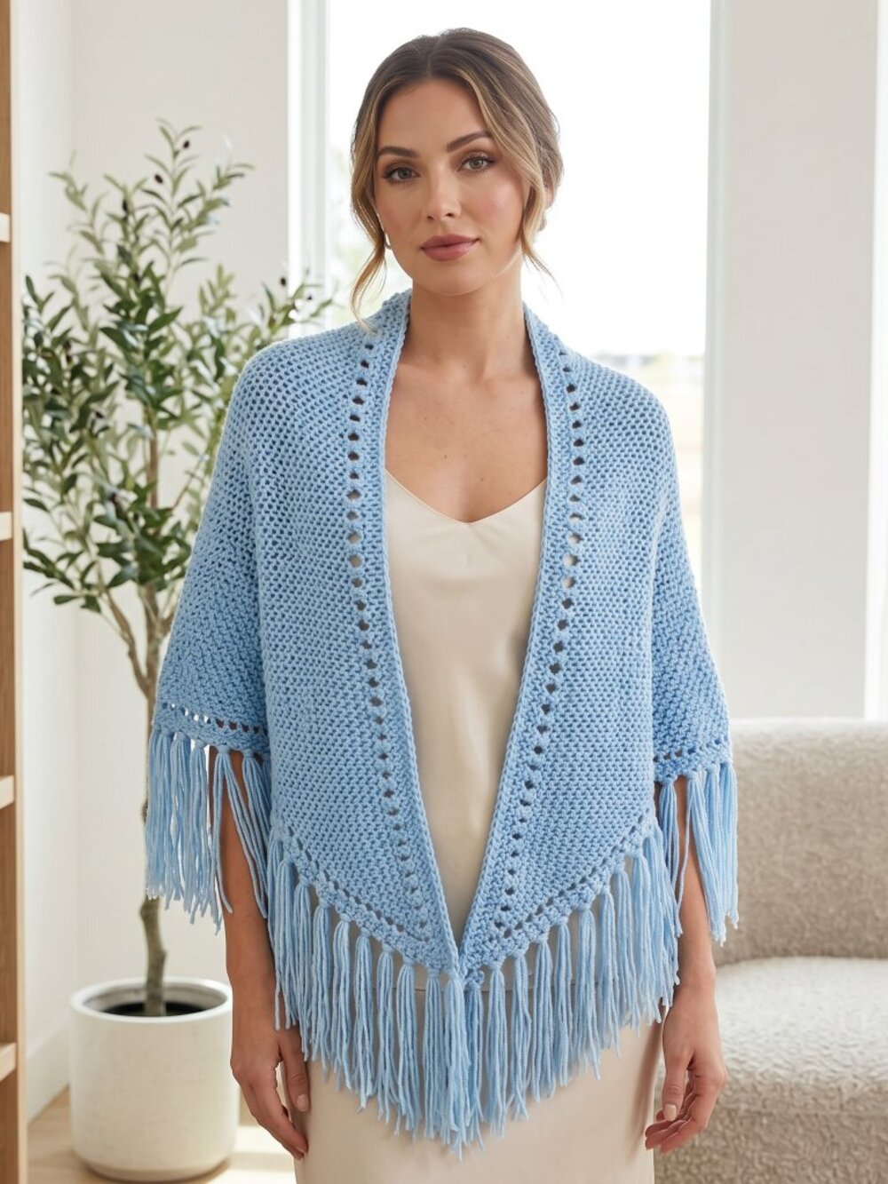 NEW Light Blue Hand Knitted Shawl Wrap Scarf Boho Fringe Cottage Indie Art Fairy